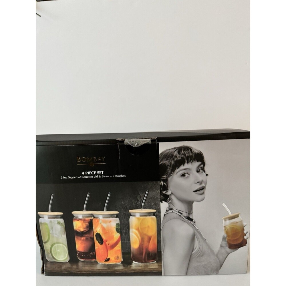 Bombay Nature Sip 4 Piece Glass Tumblers. 16 Oz Bamboo Lids And Straws.